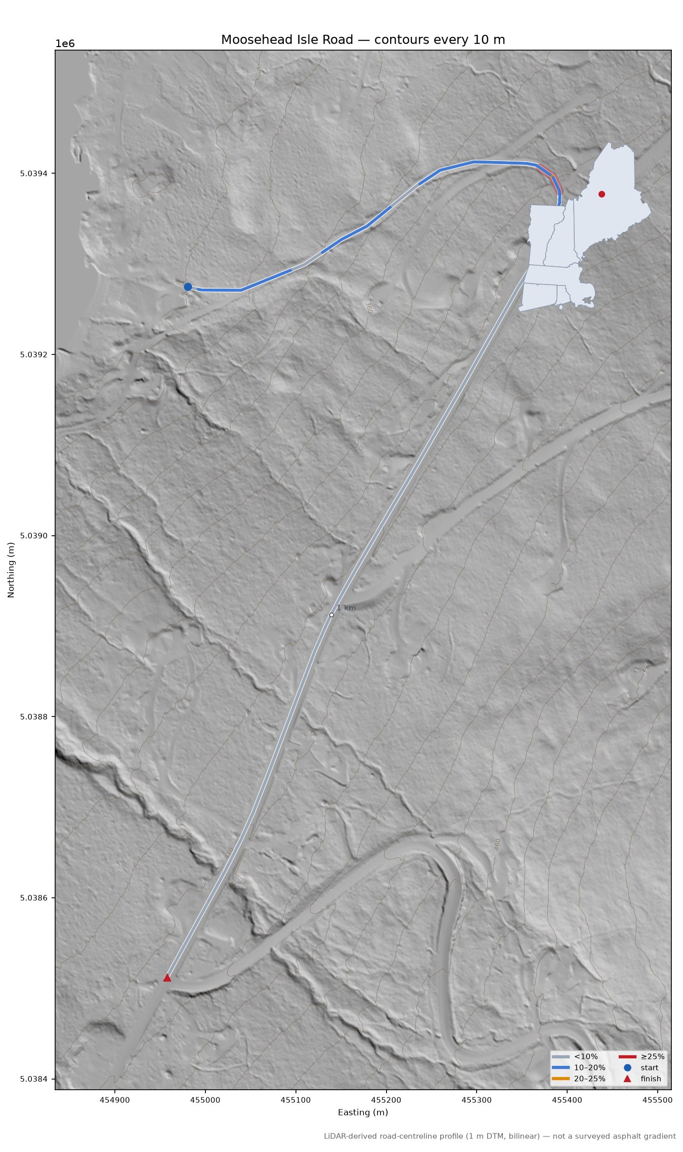 Moosehead Isle Road LiDAR hillshade map with contours
