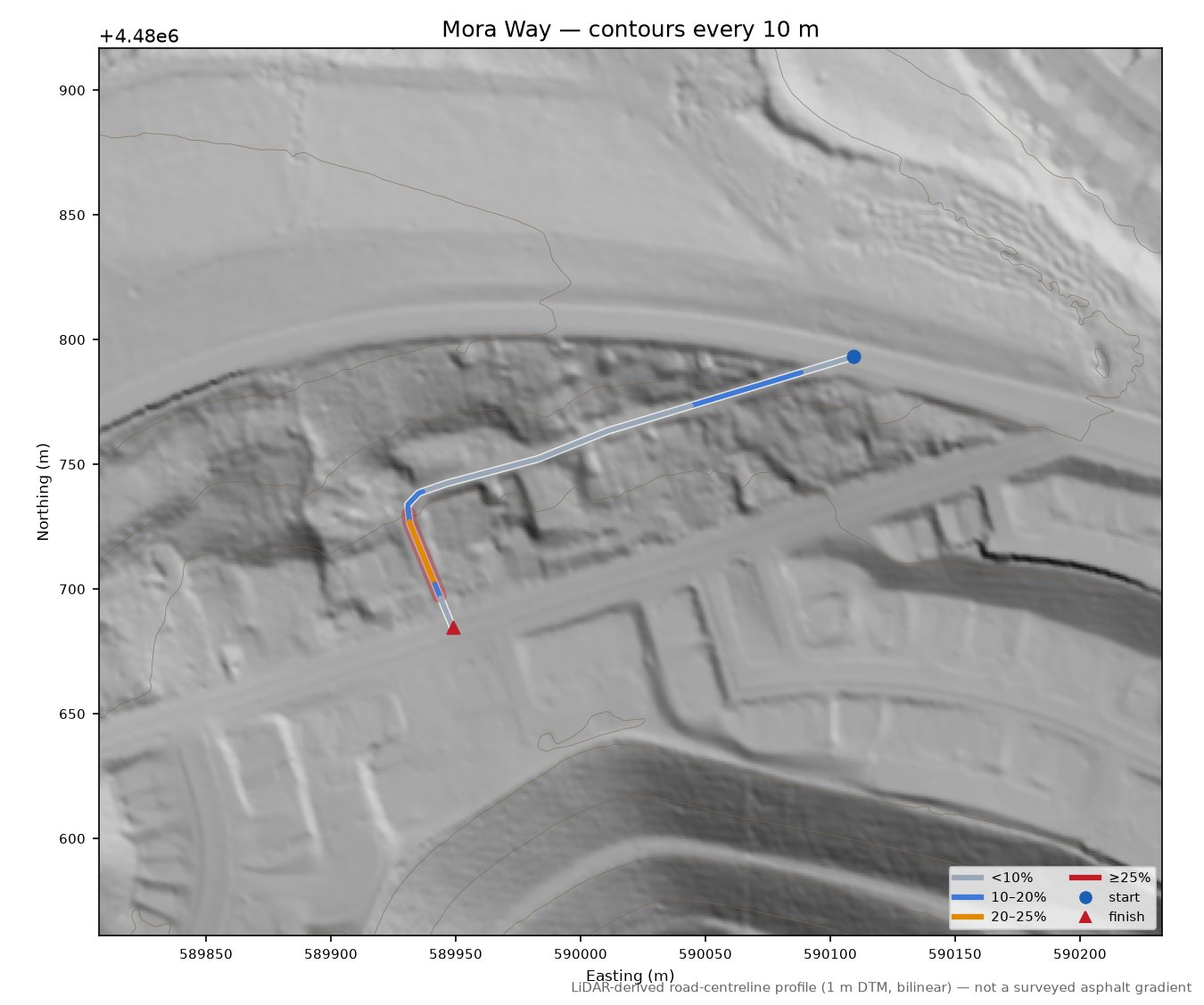 Mora Way LiDAR hillshade map with contours