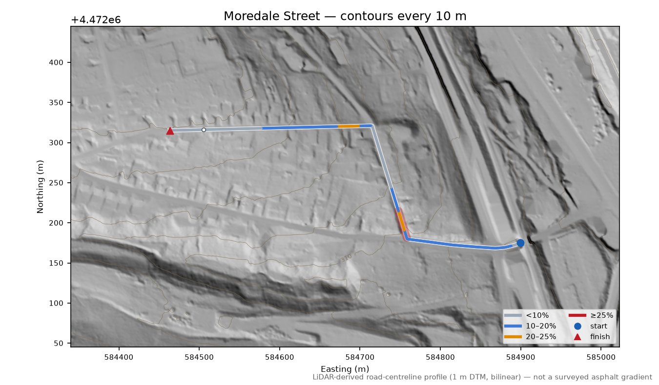 Moredale Street LiDAR hillshade map with contours