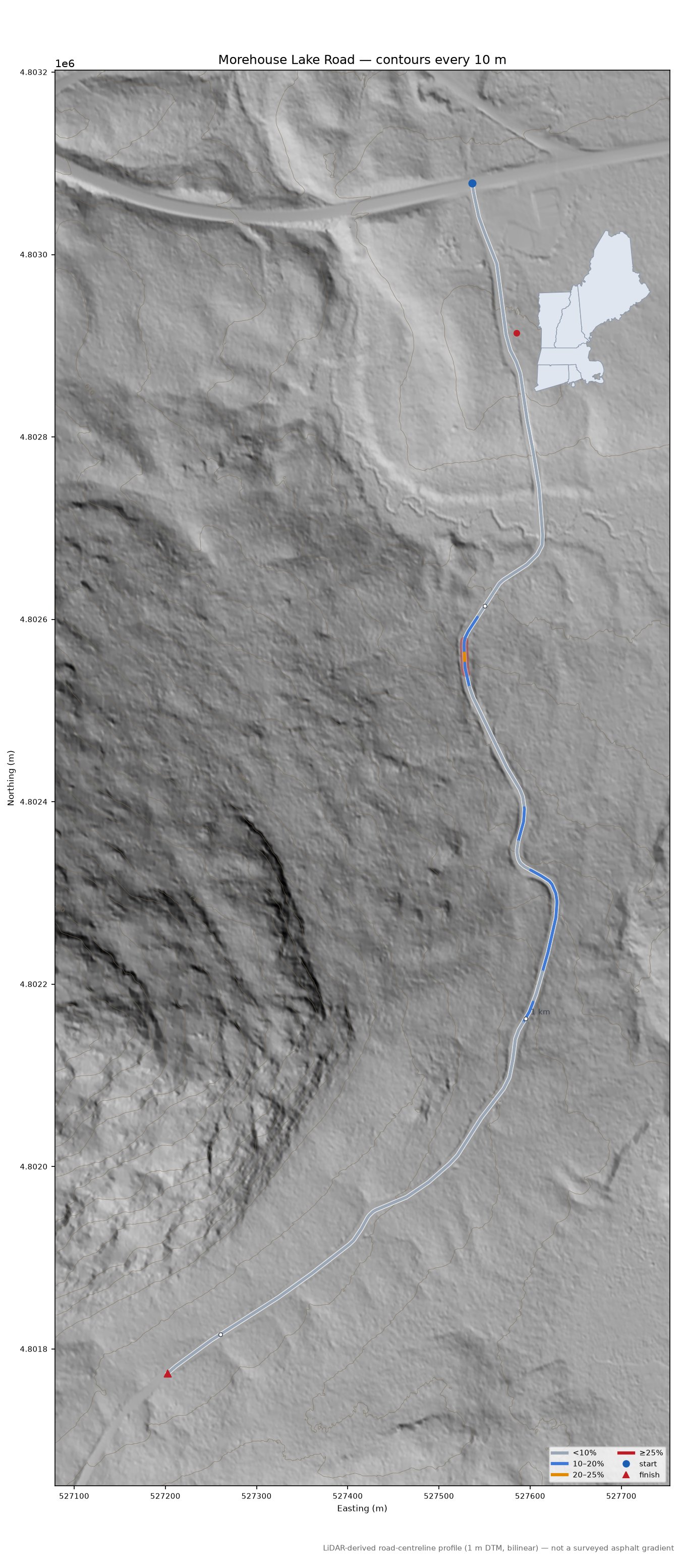 Morehouse Lake Road LiDAR hillshade map with contours