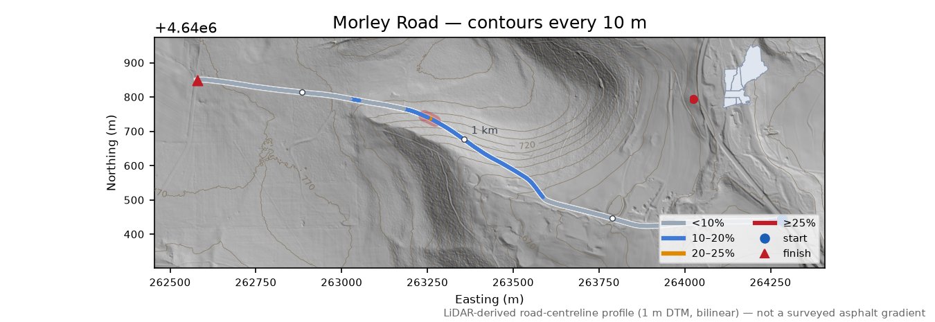 Morley Road LiDAR hillshade map with contours