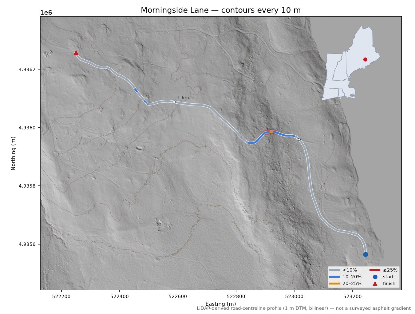 Morningside Lane LiDAR hillshade map with contours