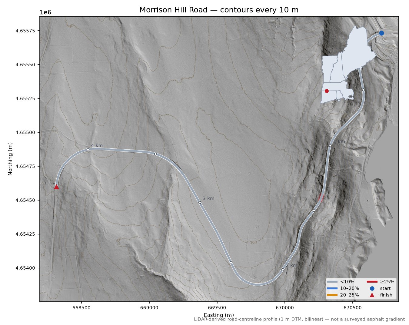 Morrison Hill Road LiDAR hillshade map with contours