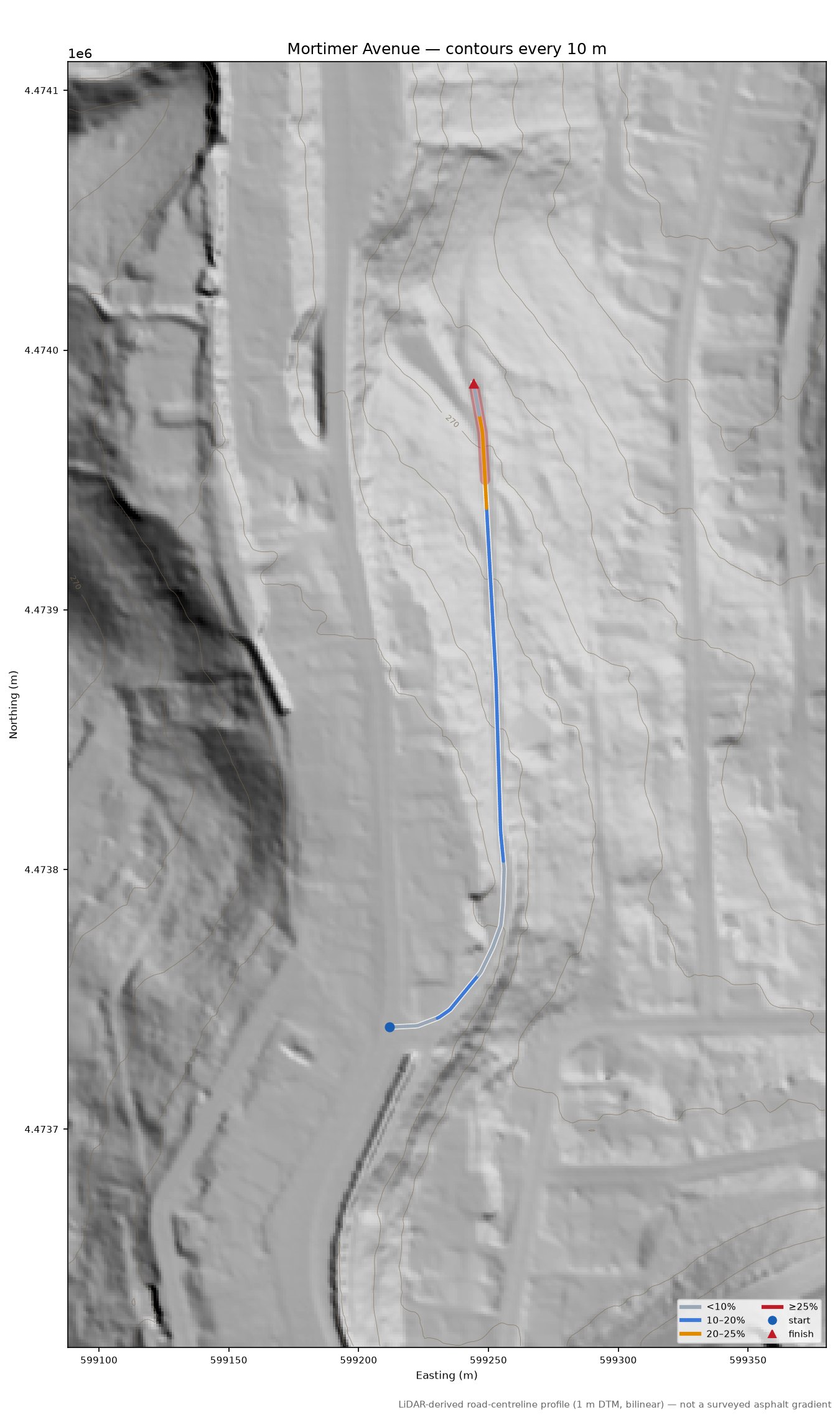 Mortimer Avenue LiDAR hillshade map with contours