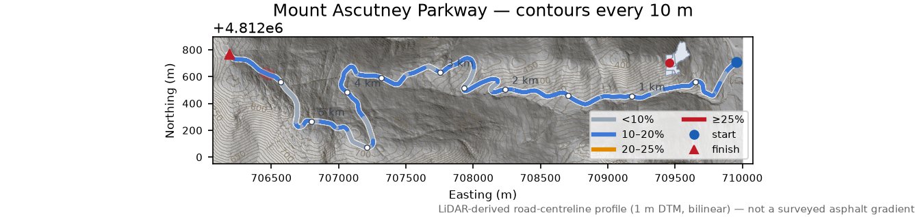 Mount Ascutney Parkway LiDAR hillshade map with contours