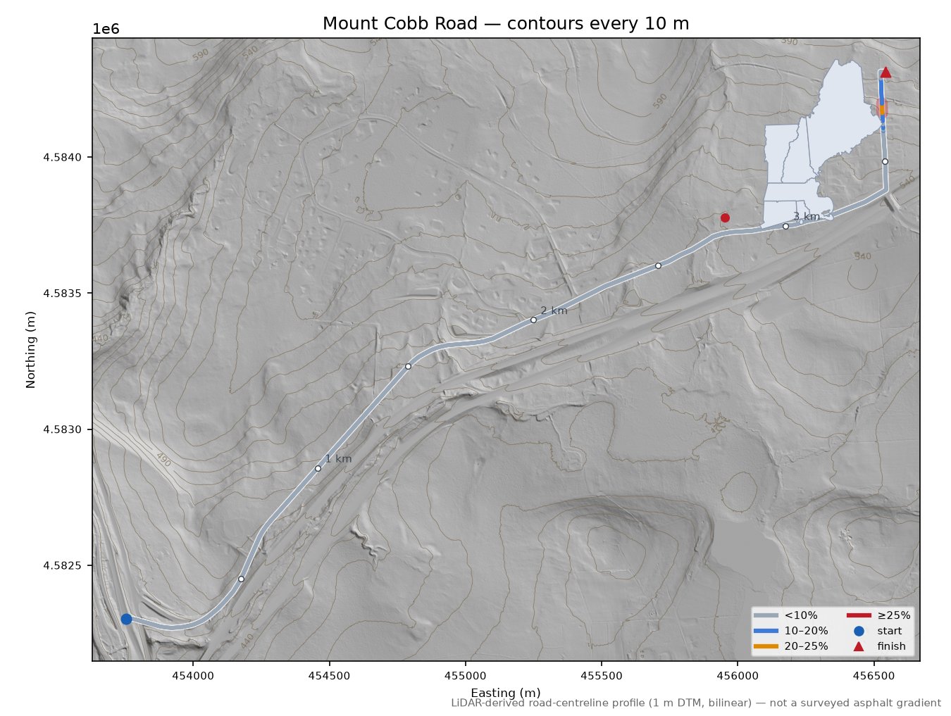Mount Cobb Road LiDAR hillshade map with contours