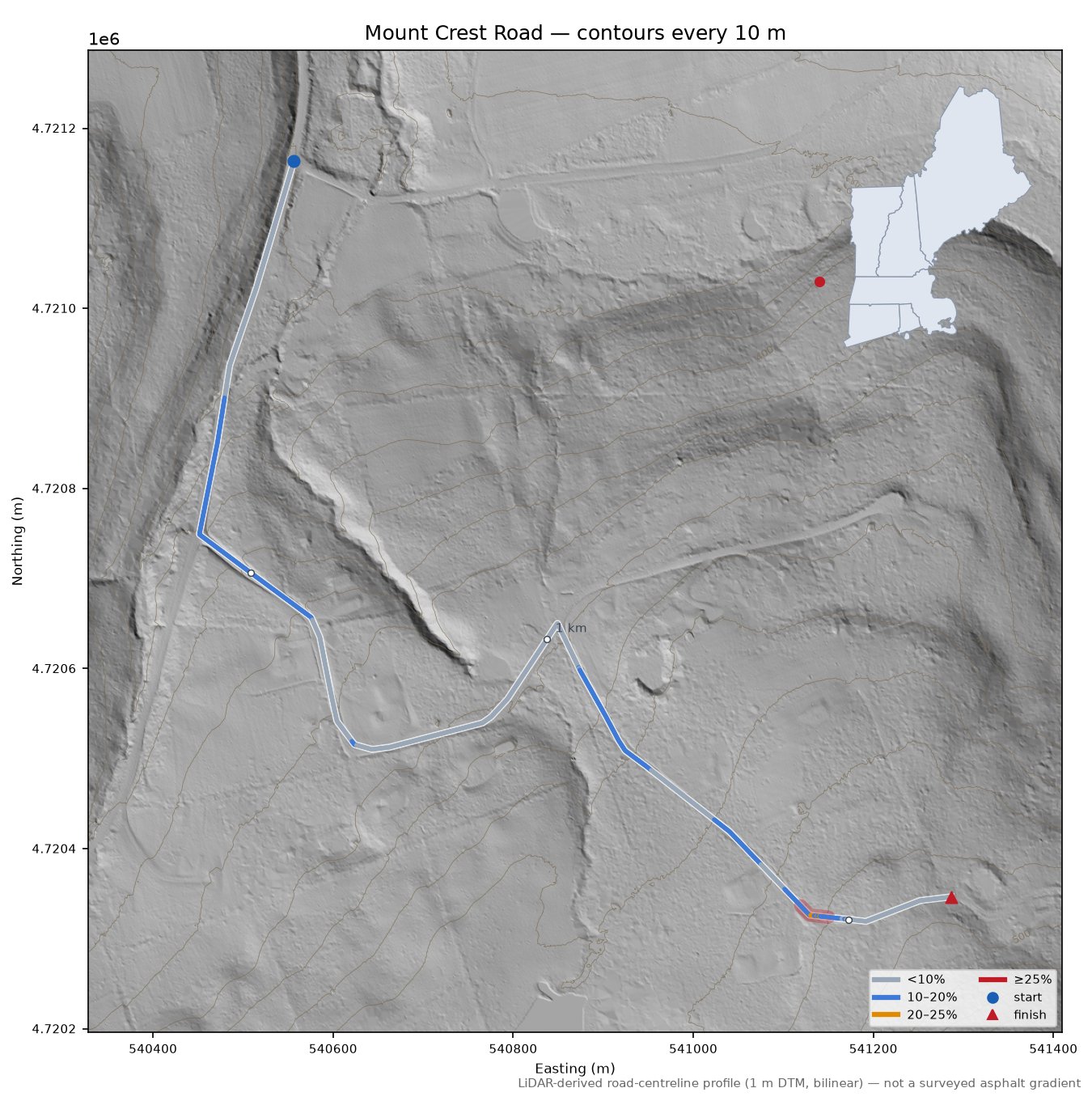 Mount Crest Road LiDAR hillshade map with contours