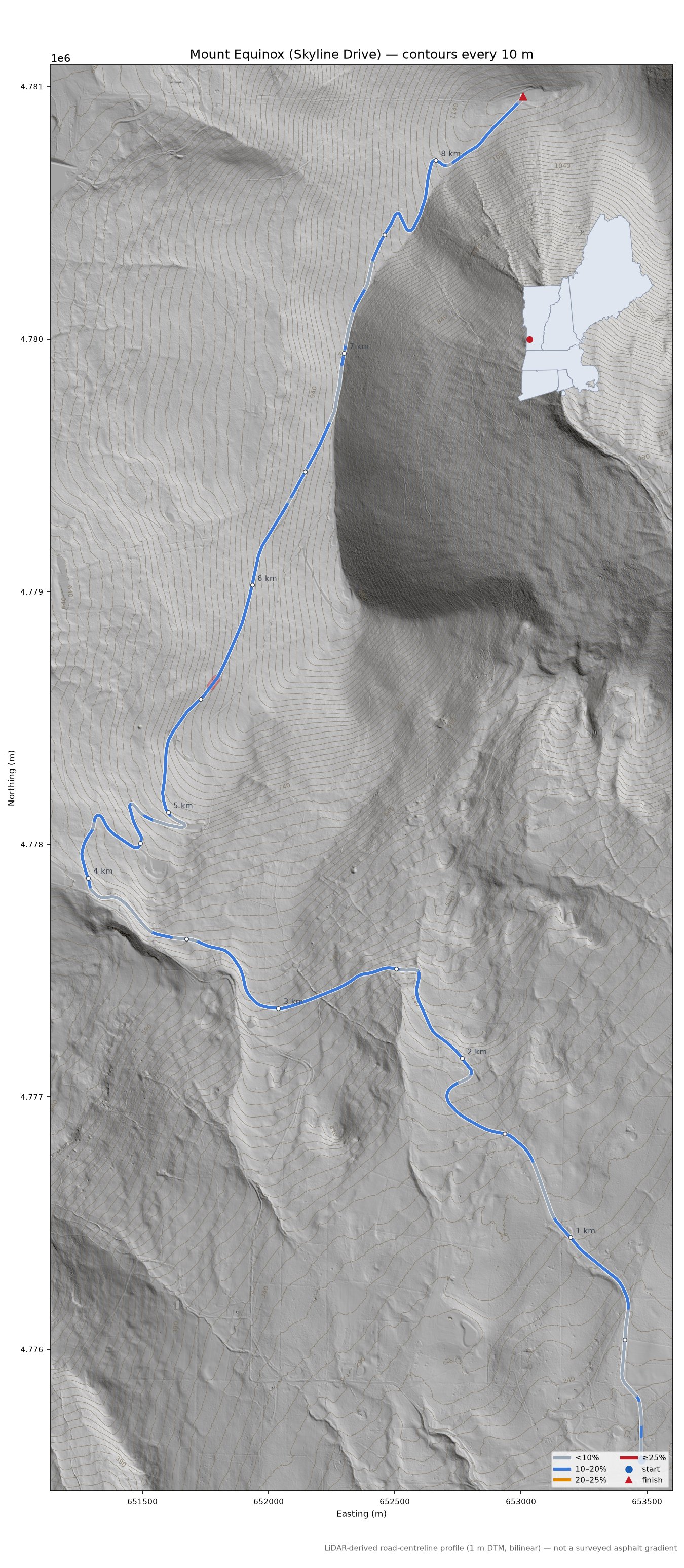Mount Equinox (Skyline Drive) LiDAR hillshade map with contours
