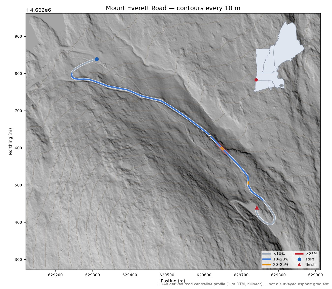Mount Everett Road LiDAR hillshade map with contours