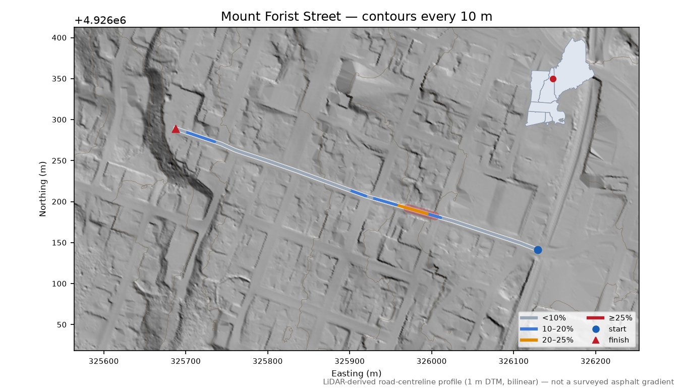 Mount Forist Street LiDAR hillshade map with contours