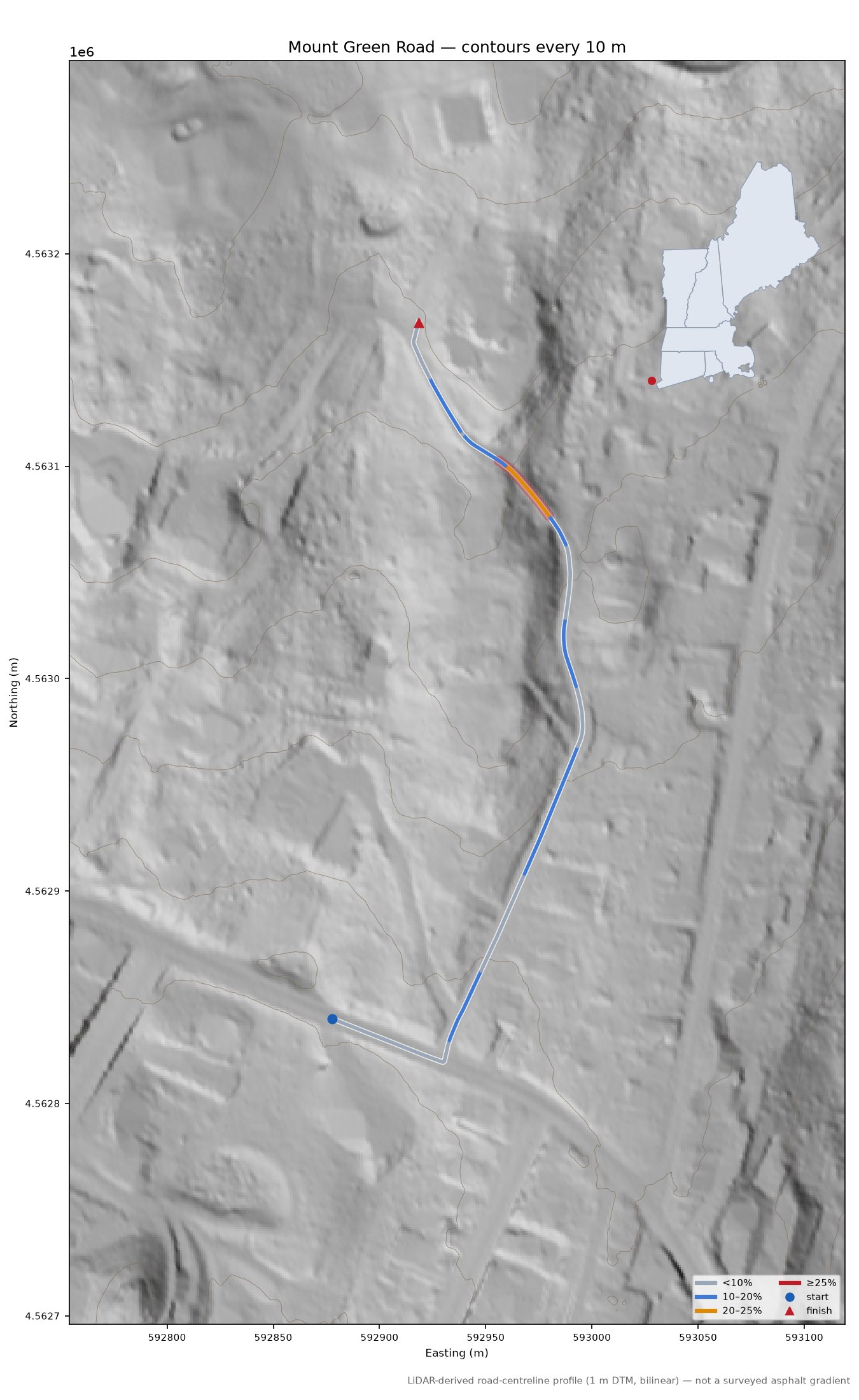 Mount Green Road LiDAR hillshade map with contours