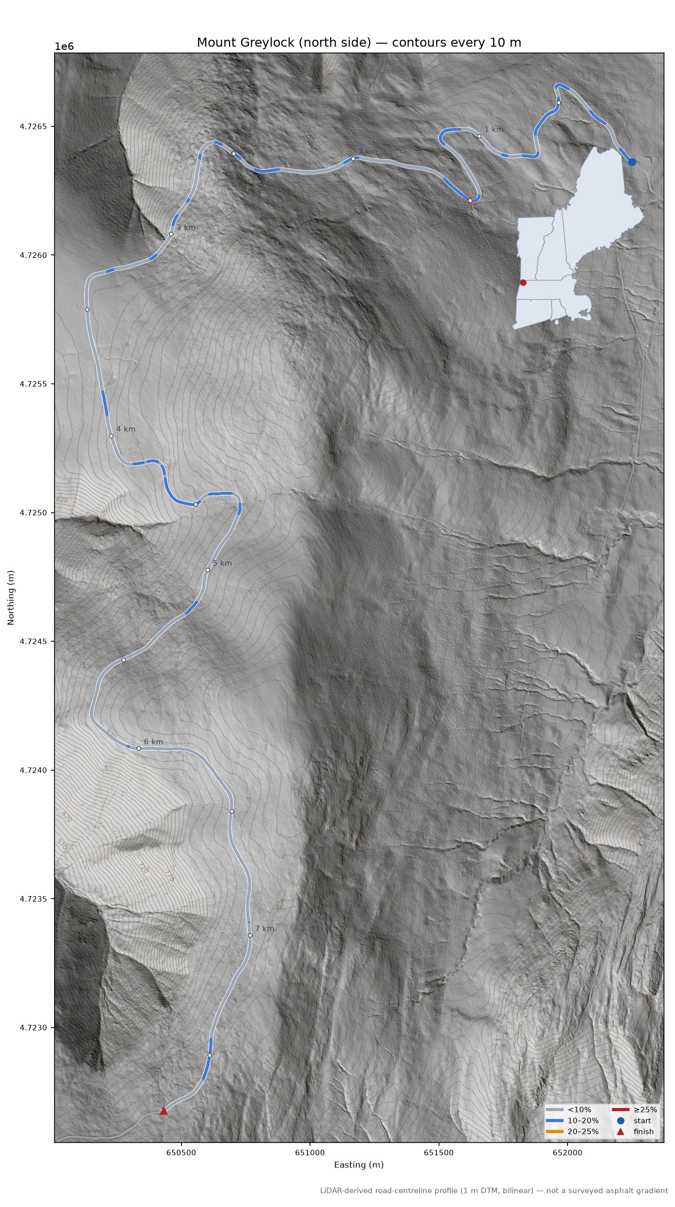 Mount Greylock (north side) LiDAR hillshade map with contours
