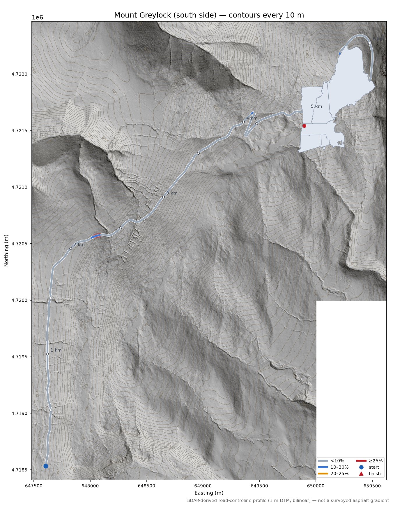 Mount Greylock (south side) LiDAR hillshade map with contours