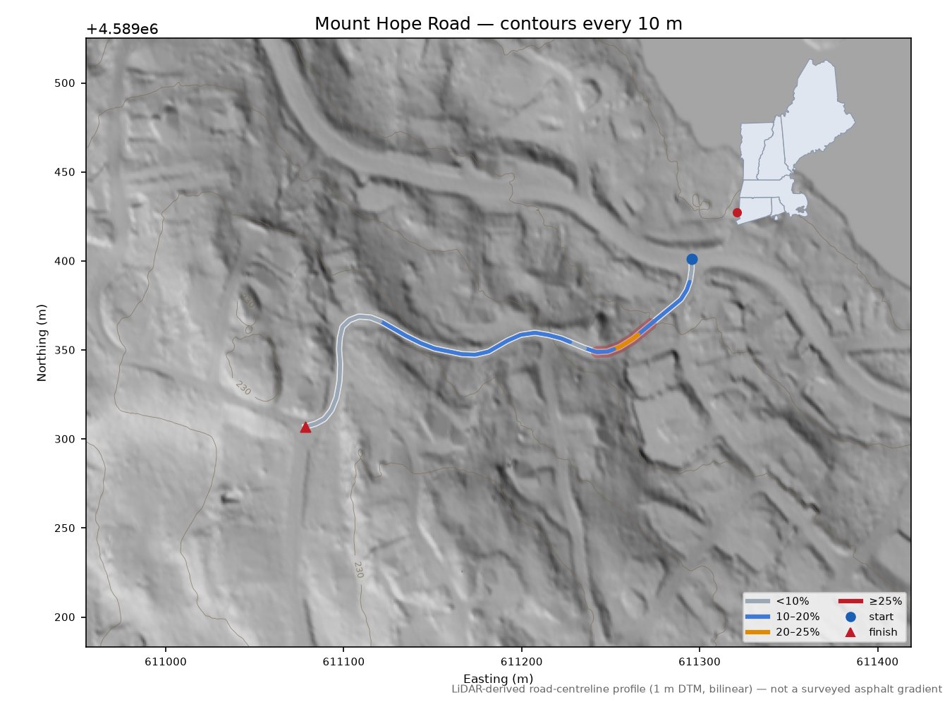 Mount Hope Road LiDAR hillshade map with contours