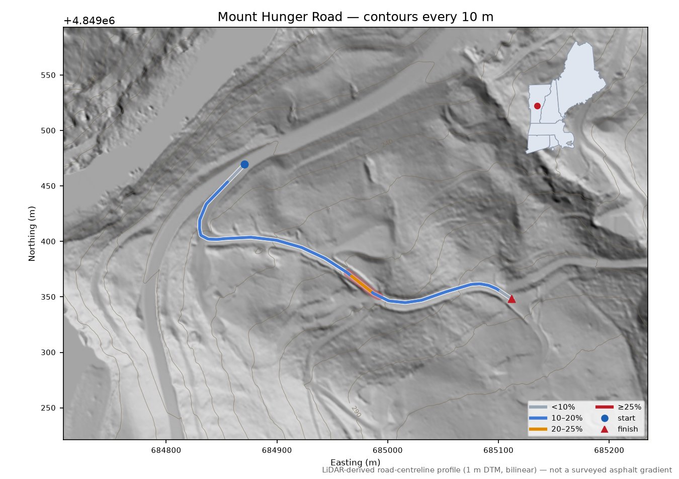 Mount Hunger Road LiDAR hillshade map with contours