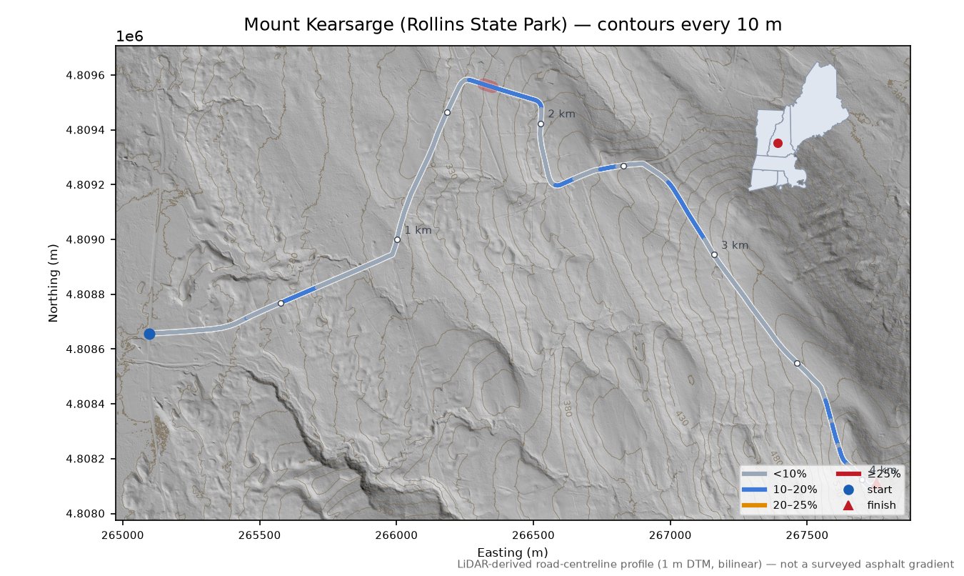 Mount Kearsarge (Rollins State Park) LiDAR hillshade map with contours