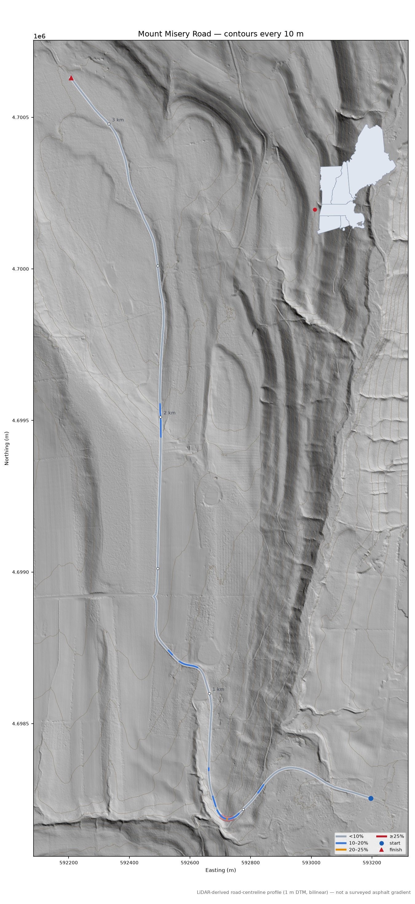 Mount Misery Road LiDAR hillshade map with contours