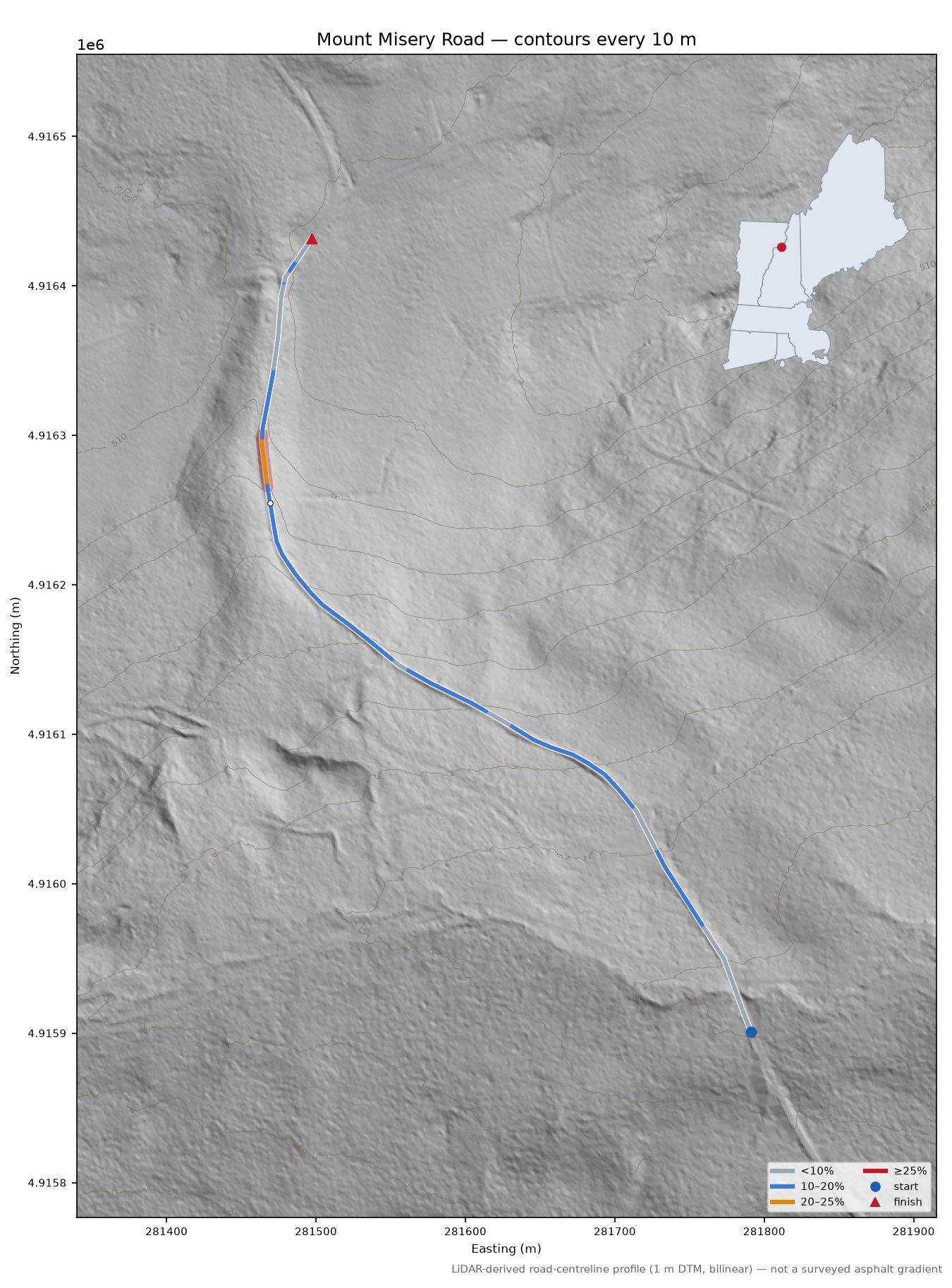 Mount Misery Road LiDAR hillshade map with contours