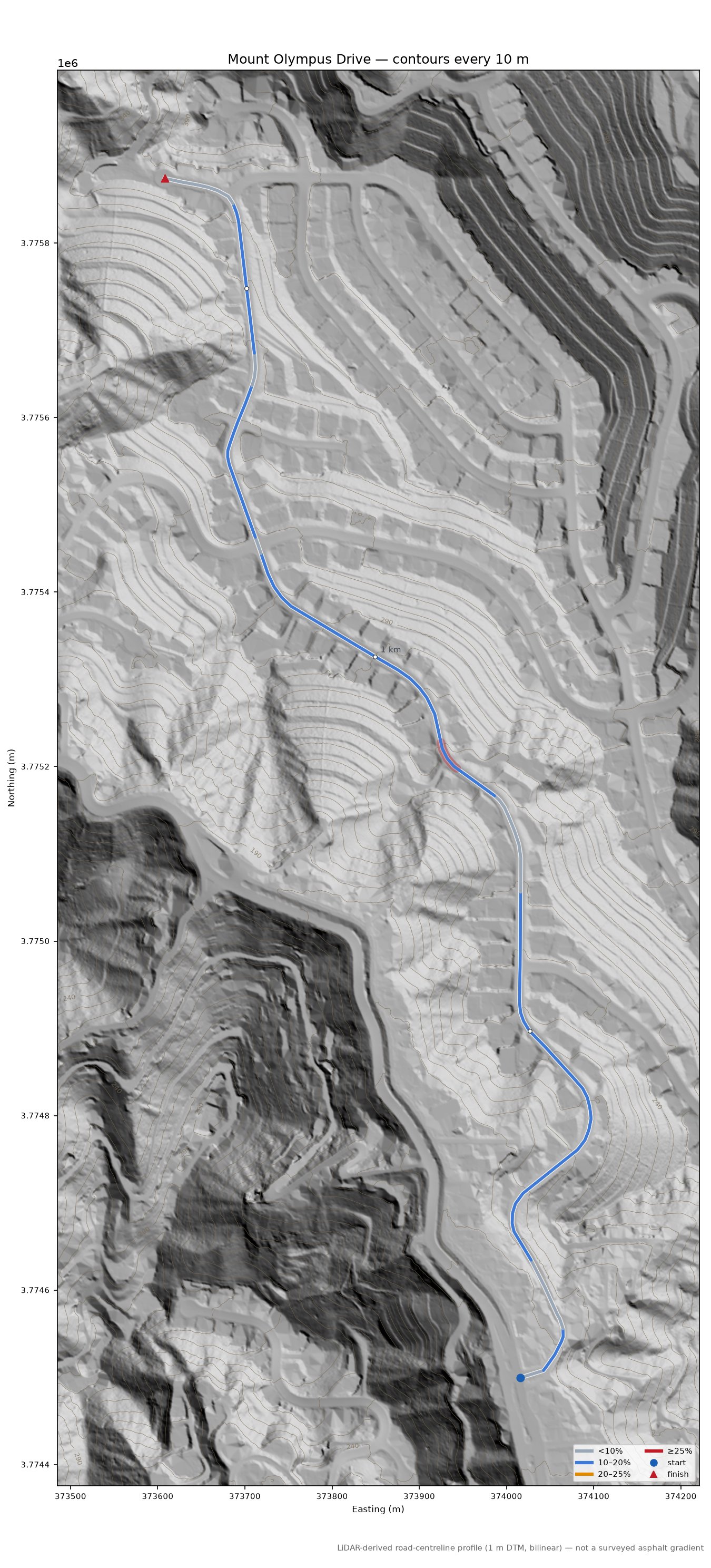 Mount Olympus Drive LiDAR hillshade map with contours