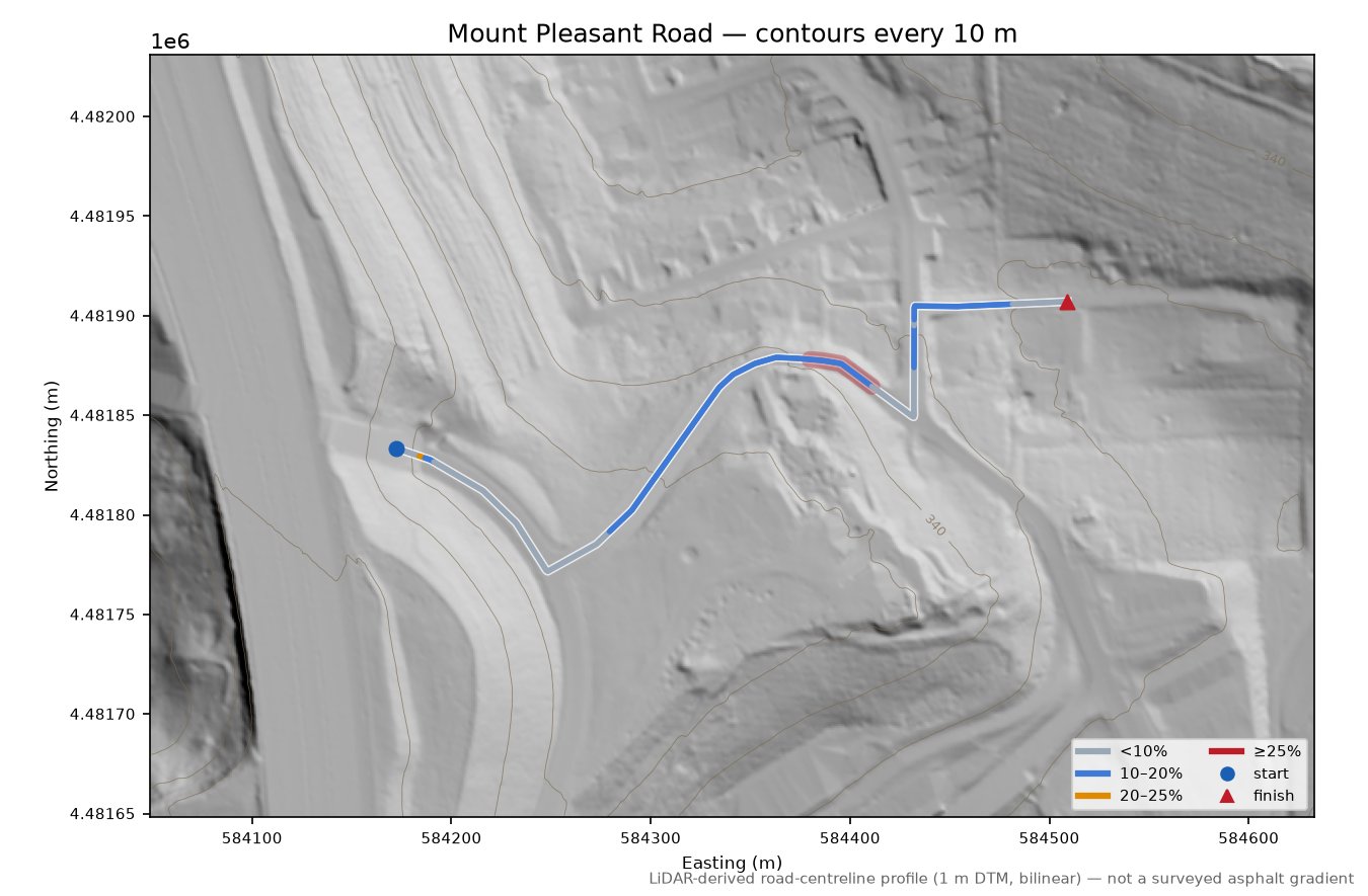 Mount Pleasant Road LiDAR hillshade map with contours