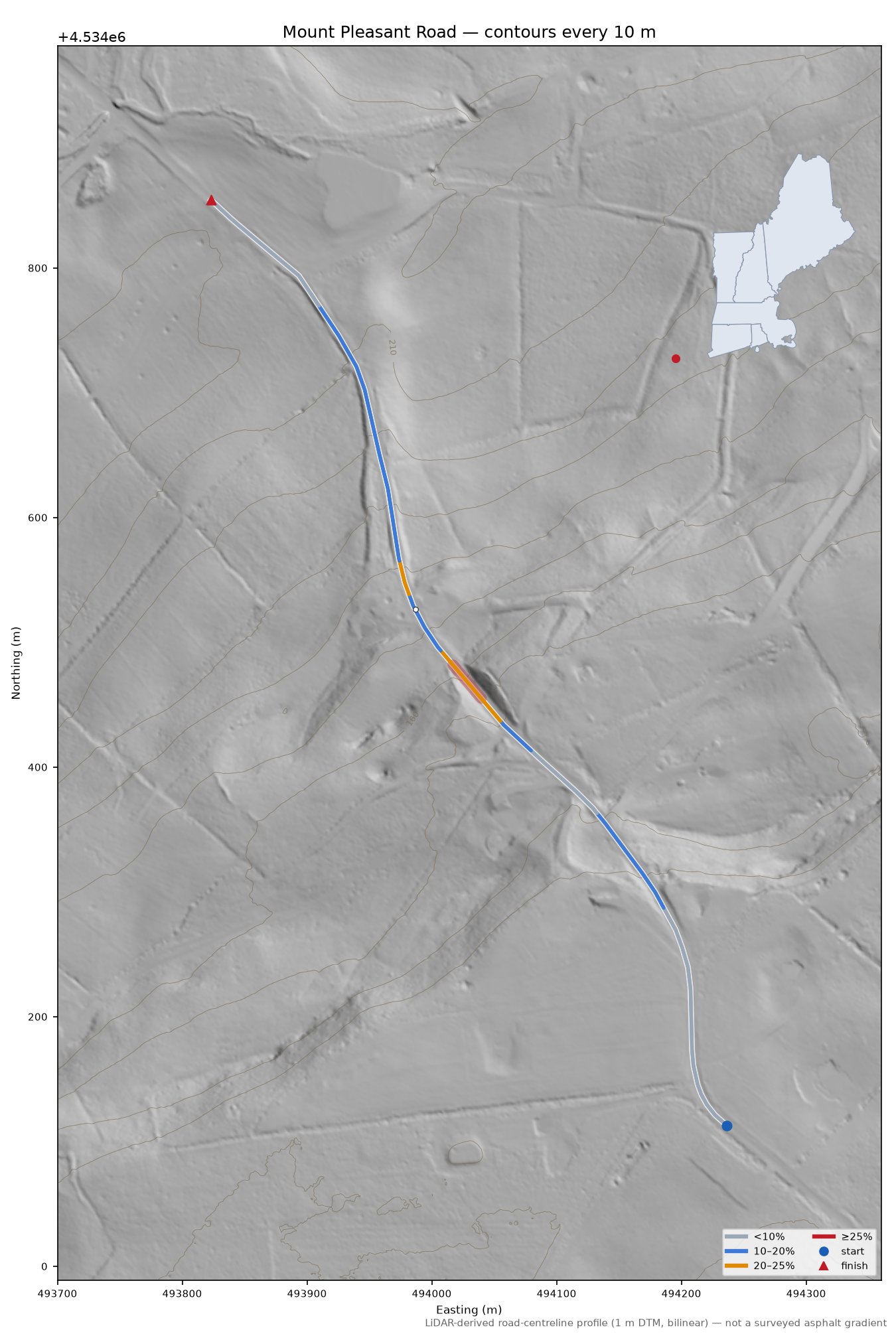 Mount Pleasant Road LiDAR hillshade map with contours