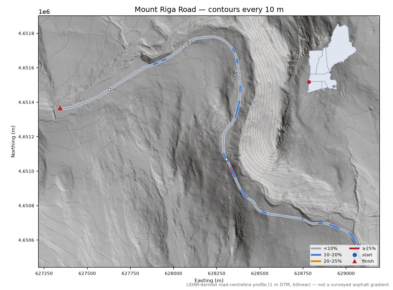Mount Riga Road LiDAR hillshade map with contours