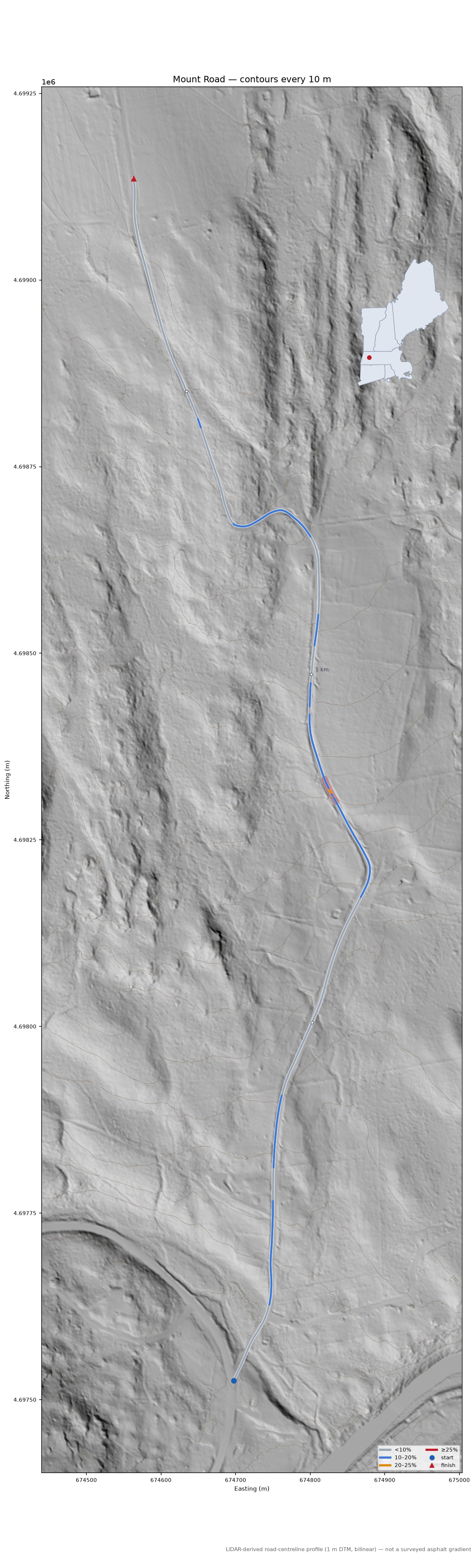 Mount Road LiDAR hillshade map with contours