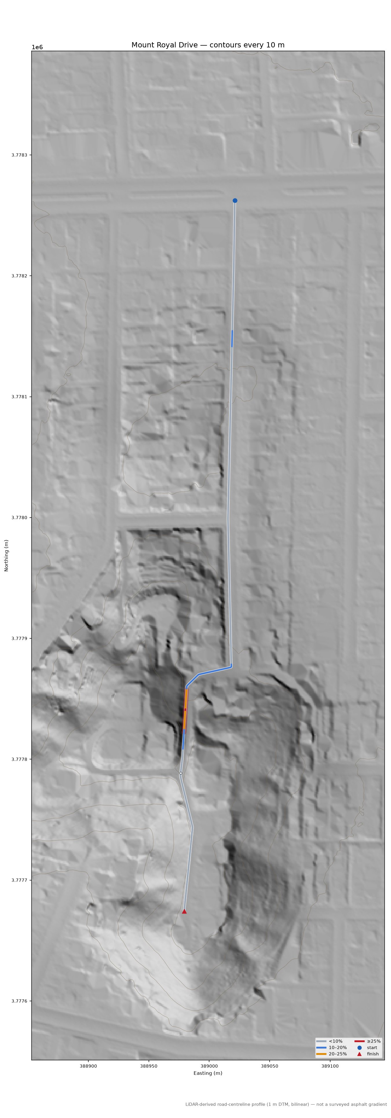 Mount Royal Drive LiDAR hillshade map with contours