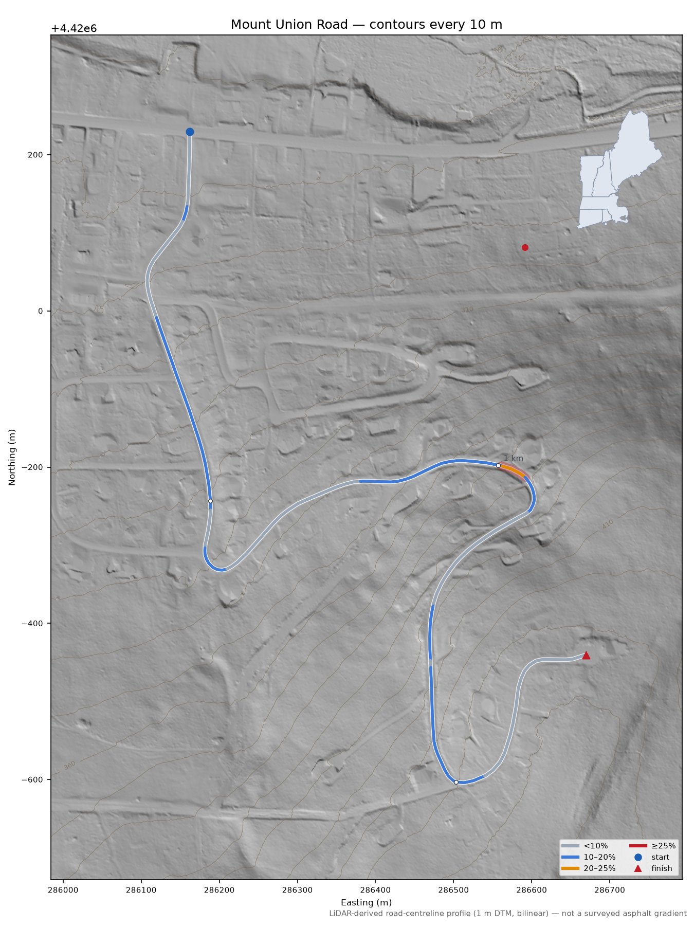 Mount Union Road LiDAR hillshade map with contours
