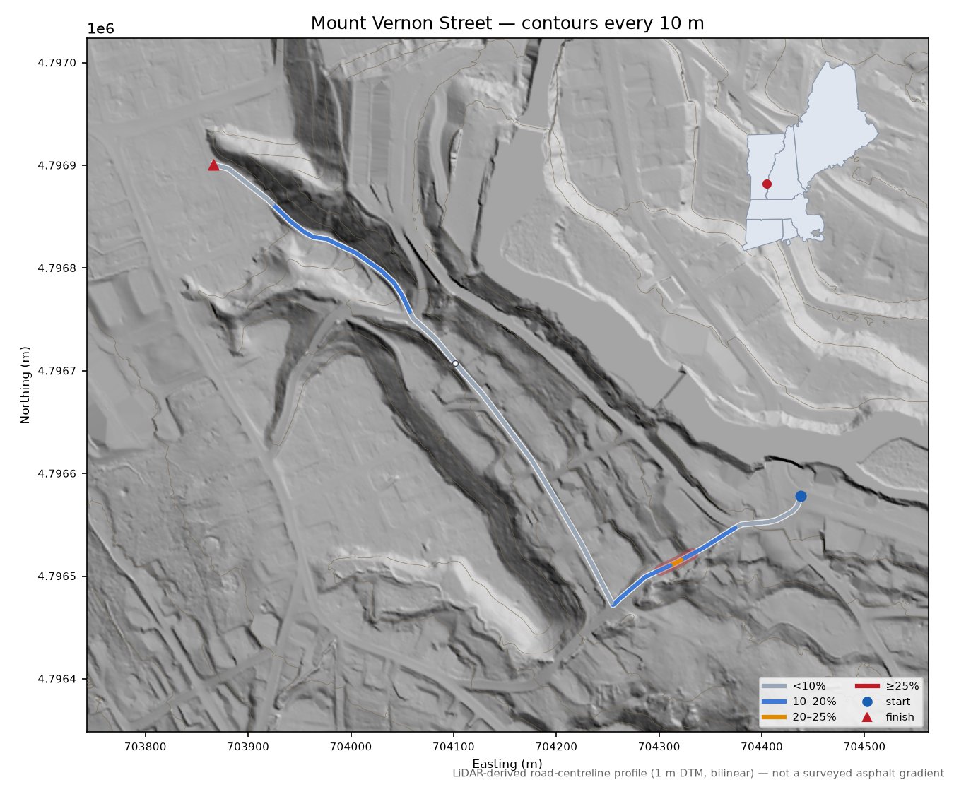 Mount Vernon Street LiDAR hillshade map with contours