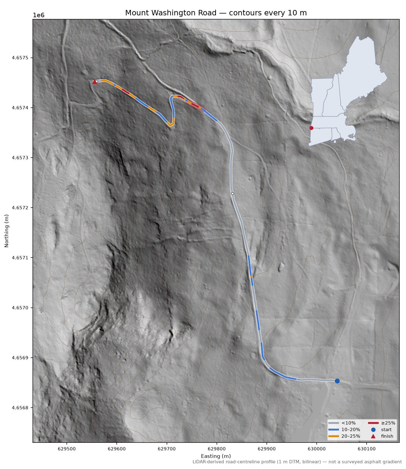 Mount Washington Road LiDAR hillshade map with contours