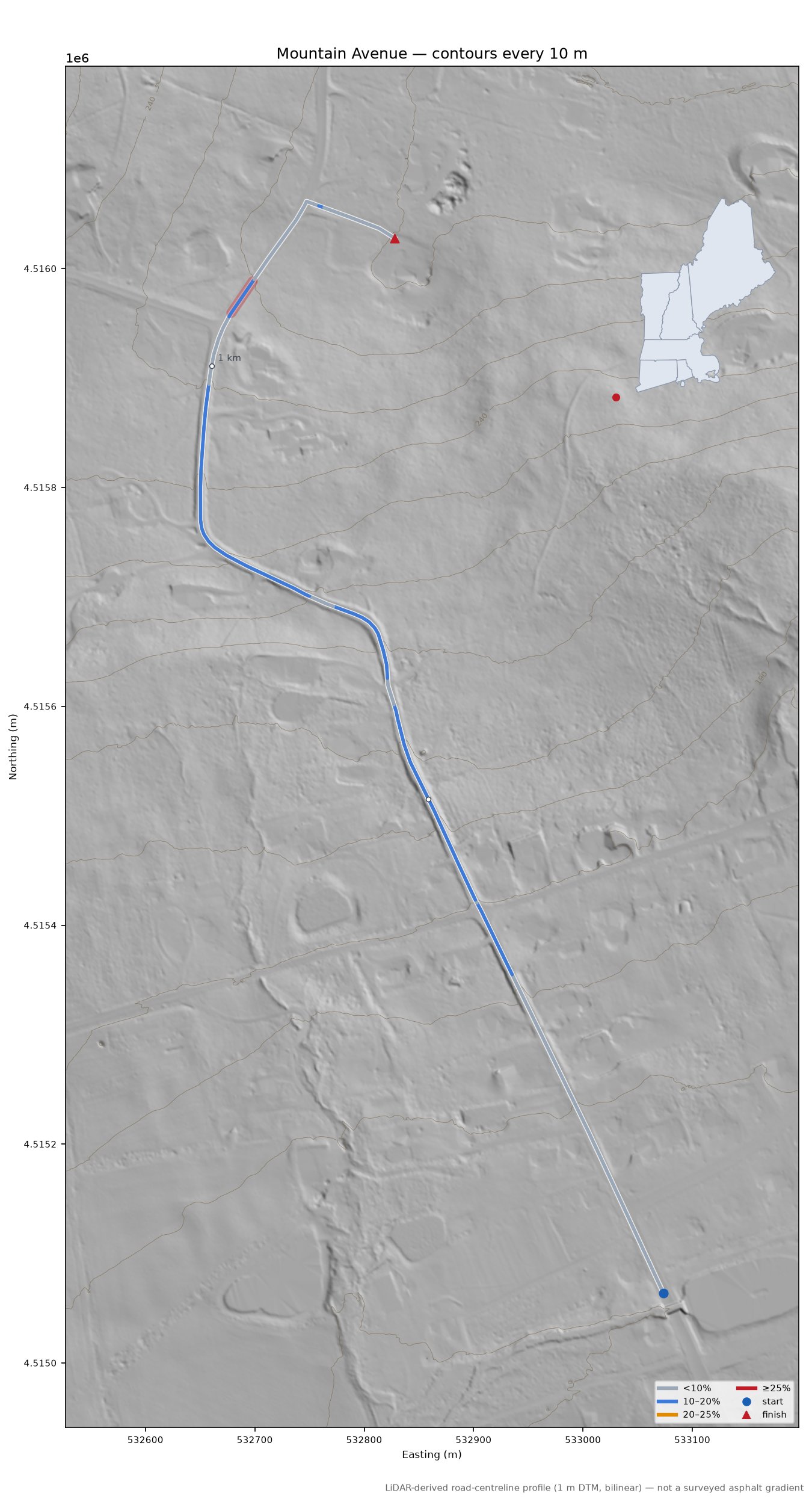 Mountain Avenue LiDAR hillshade map with contours
