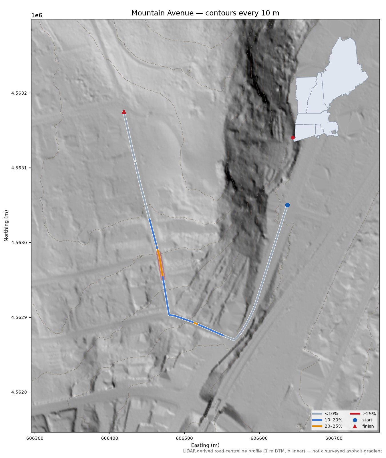Mountain Avenue LiDAR hillshade map with contours