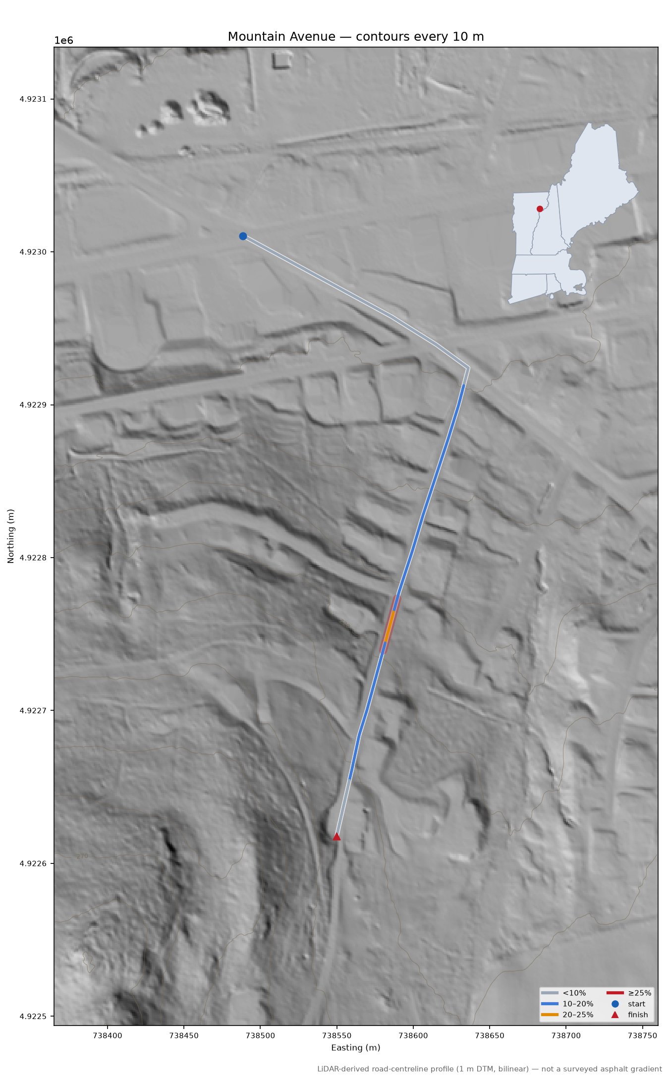 Mountain Avenue LiDAR hillshade map with contours