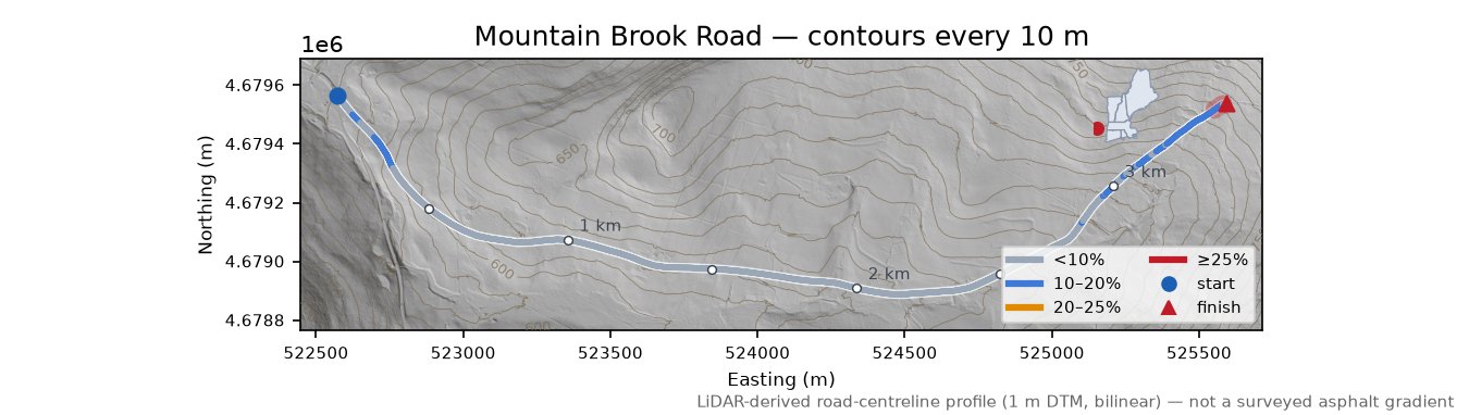 Mountain Brook Road LiDAR hillshade map with contours