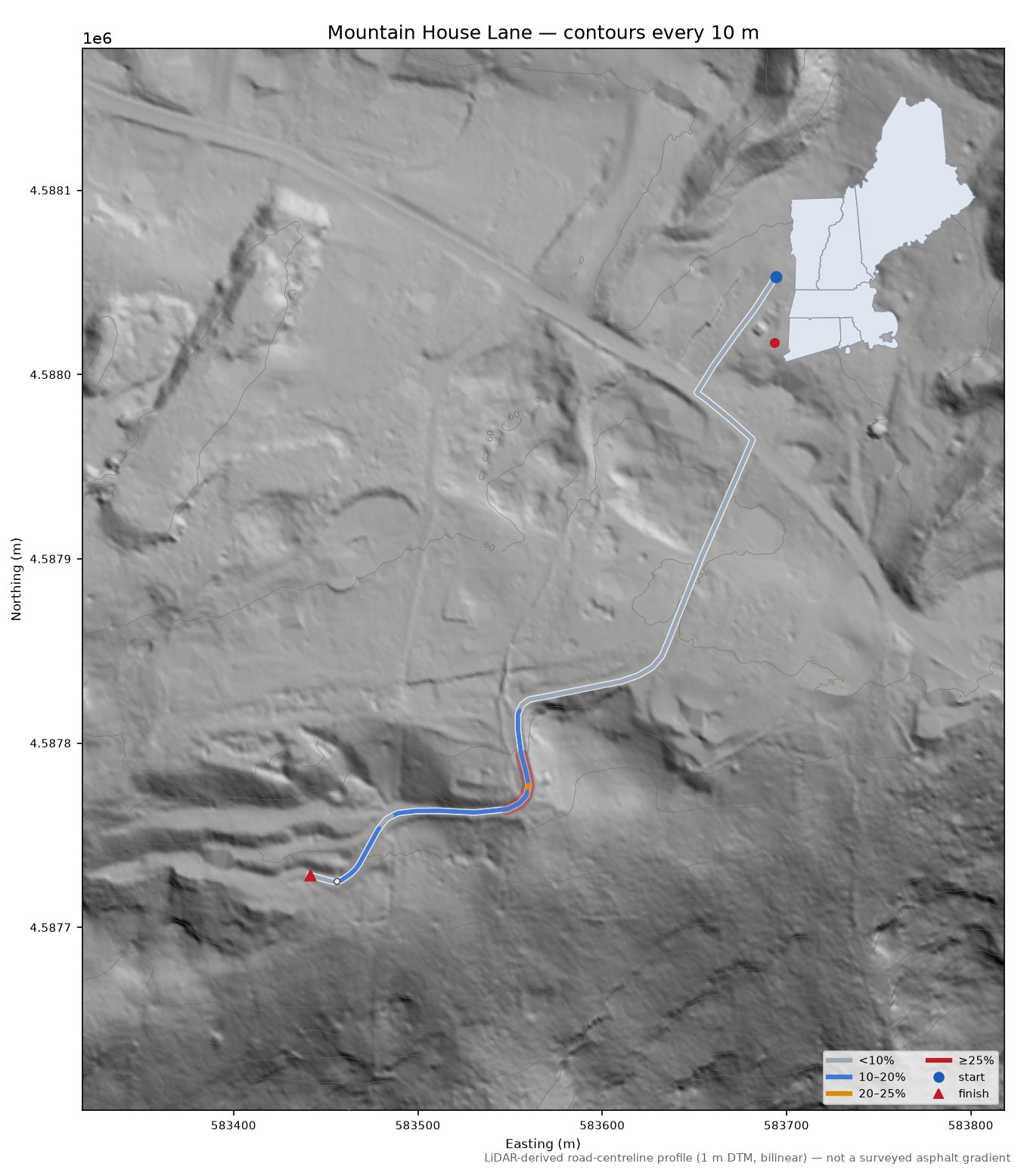 Mountain House Lane LiDAR hillshade map with contours