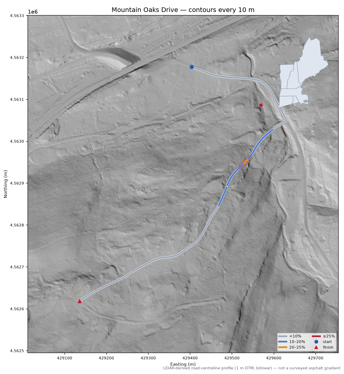 Mountain Oaks Drive LiDAR hillshade map with contours