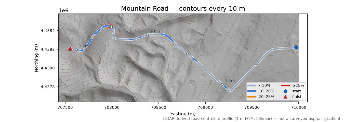 Mountain Road LiDAR hillshade map with contours