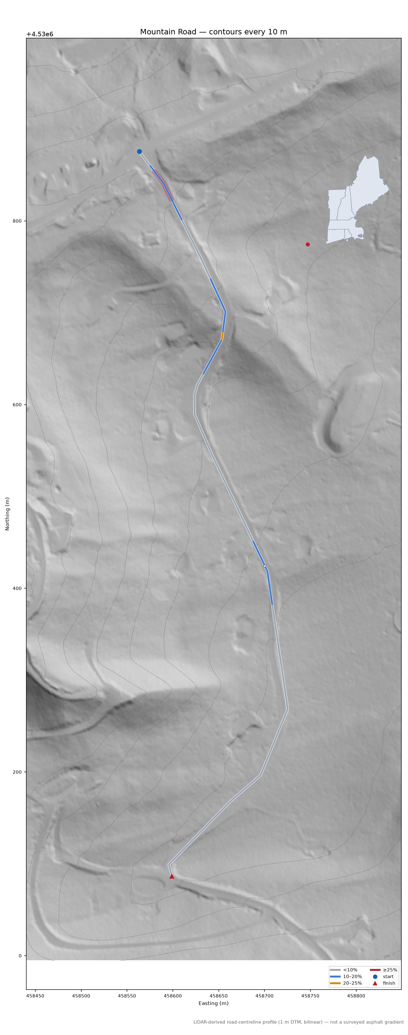 Mountain Road LiDAR hillshade map with contours