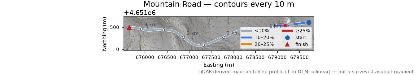 Mountain Road LiDAR hillshade map with contours