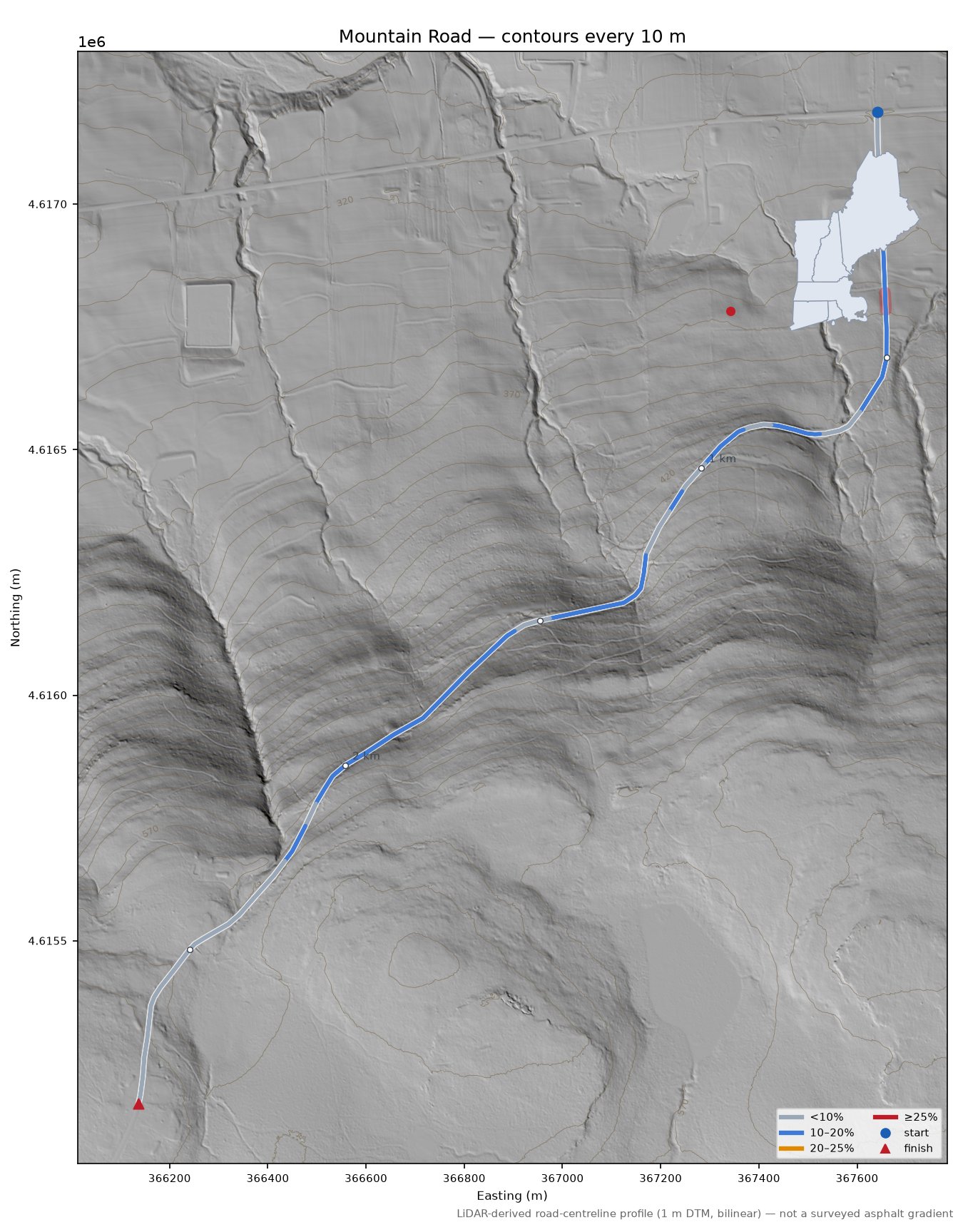 Mountain Road LiDAR hillshade map with contours