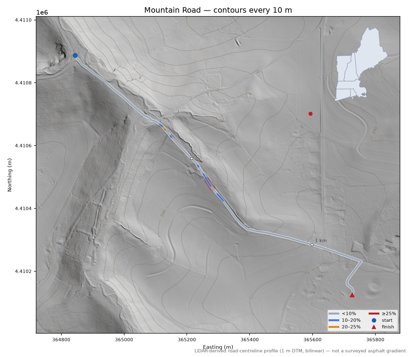 Mountain Road LiDAR hillshade map with contours