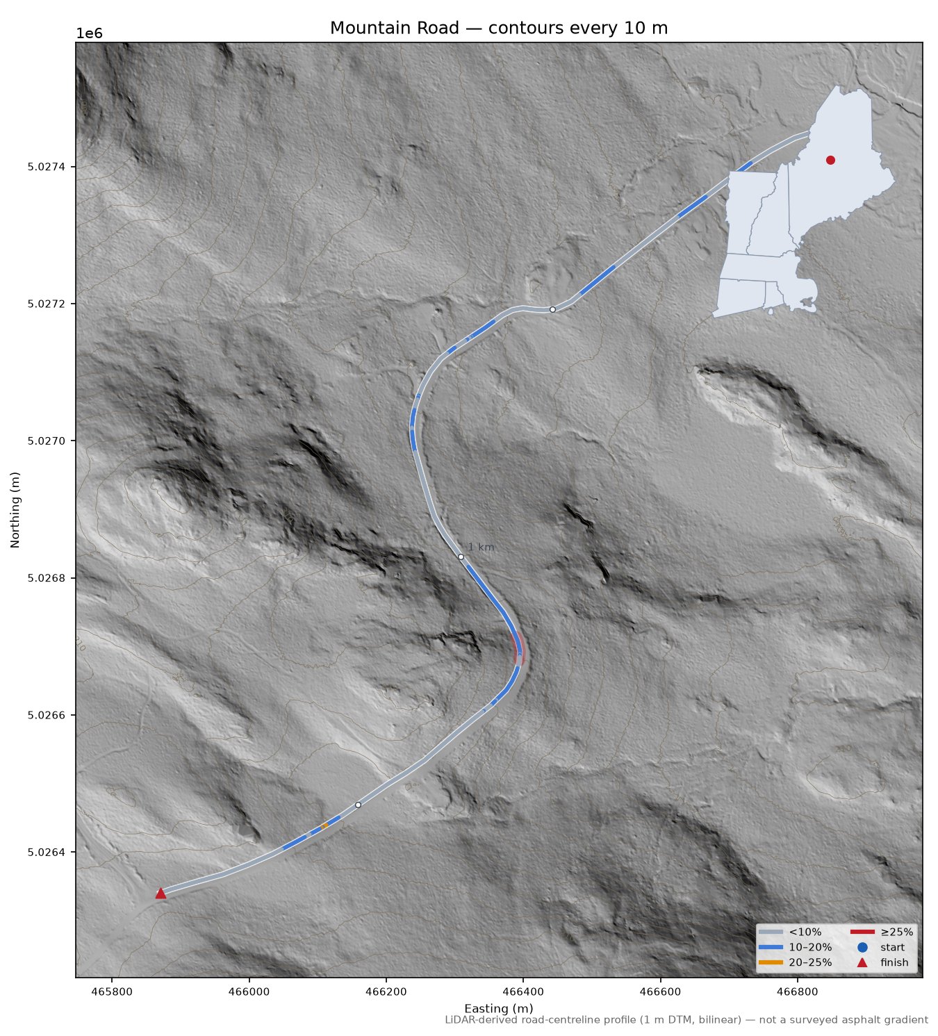 Mountain Road LiDAR hillshade map with contours
