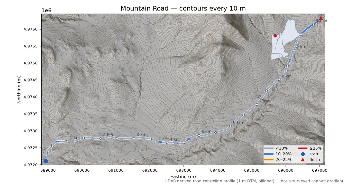 Mountain Road LiDAR hillshade map with contours