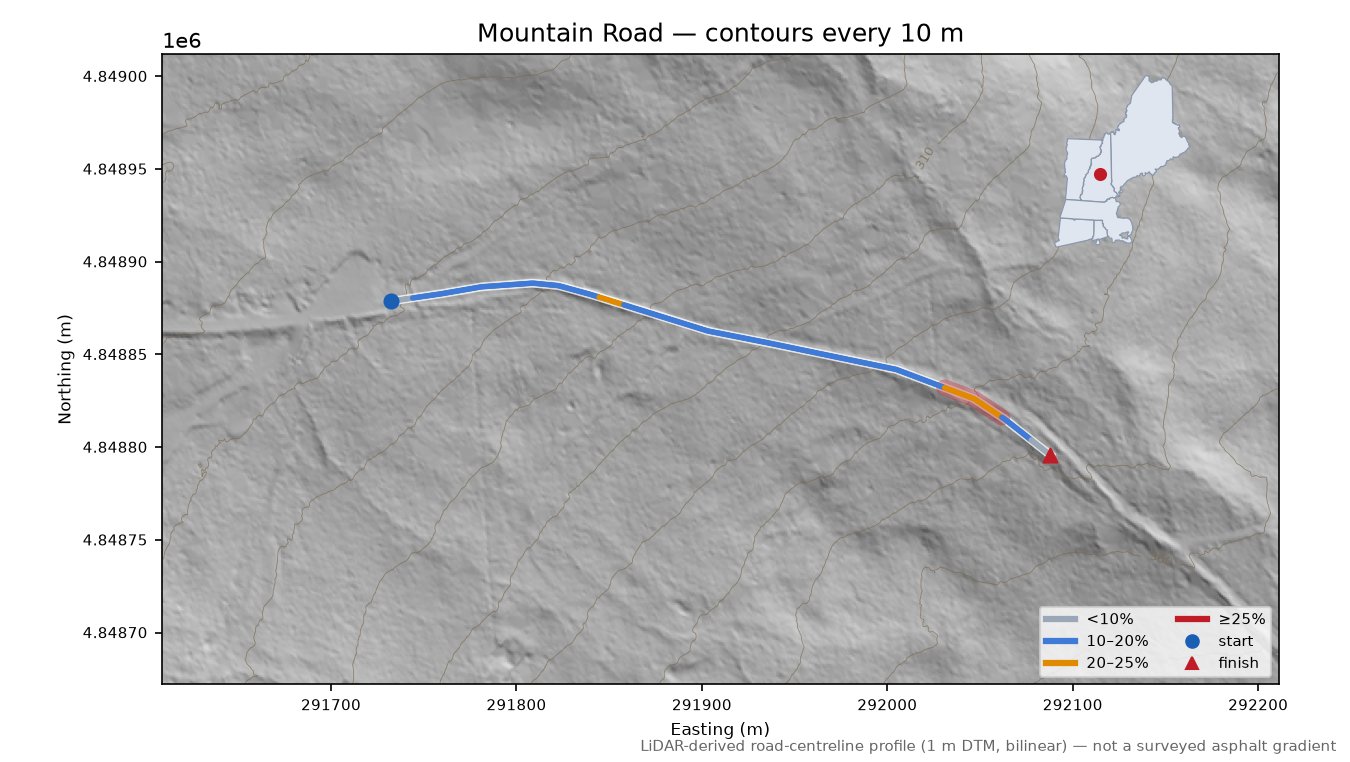 Mountain Road LiDAR hillshade map with contours