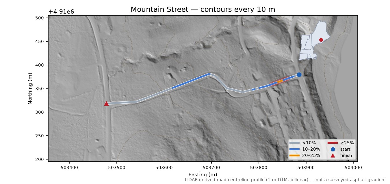 Mountain Street LiDAR hillshade map with contours