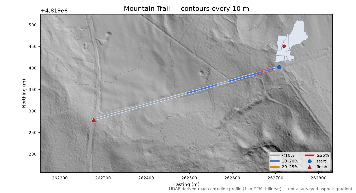 Mountain Trail LiDAR hillshade map with contours