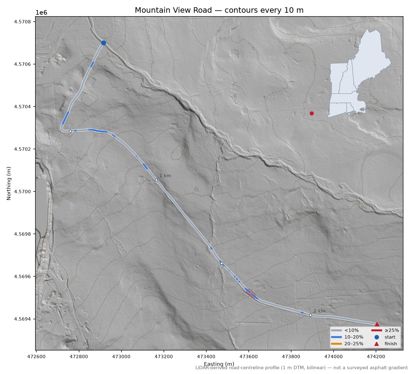 Mountain View Road LiDAR hillshade map with contours