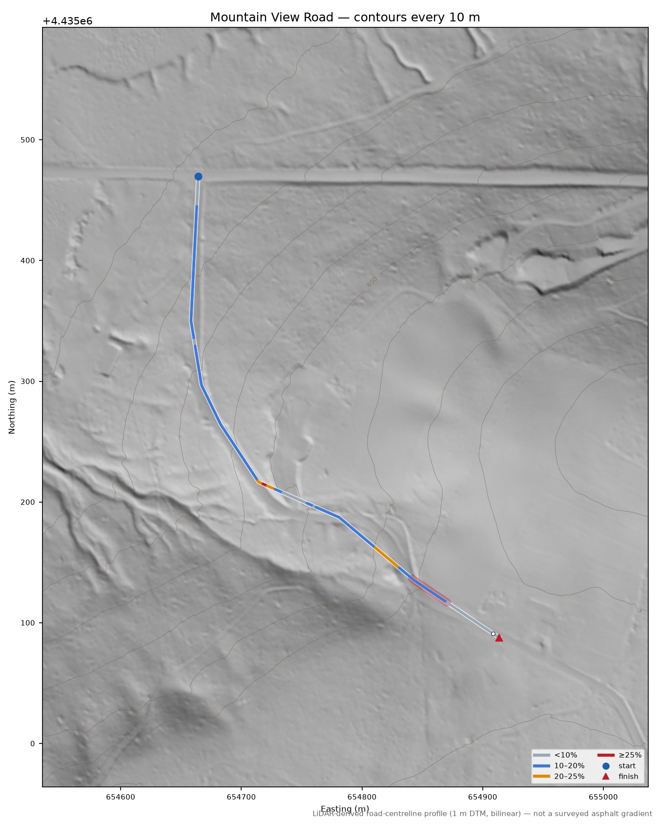 Mountain View Road LiDAR hillshade map with contours