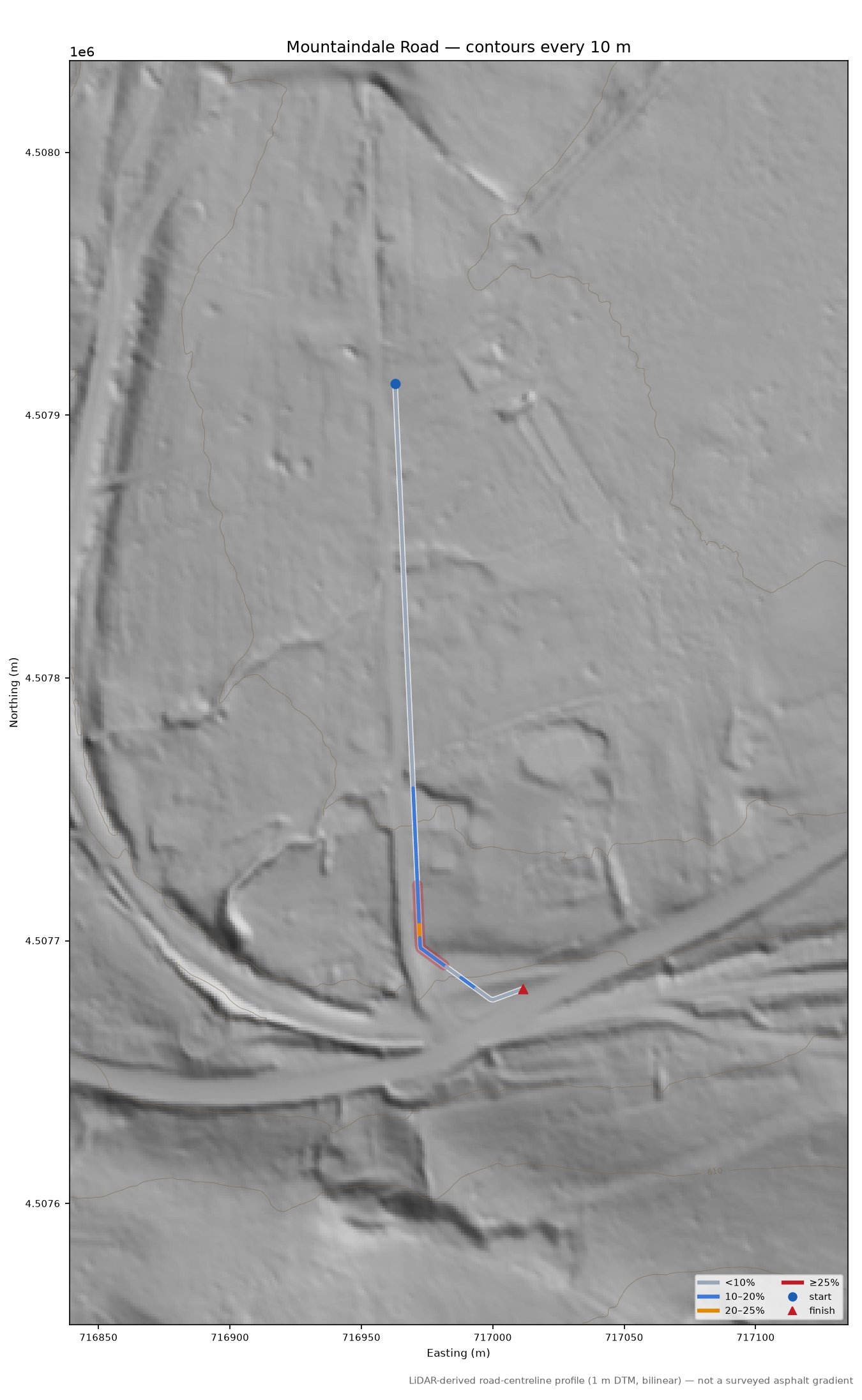 Mountaindale Road LiDAR hillshade map with contours